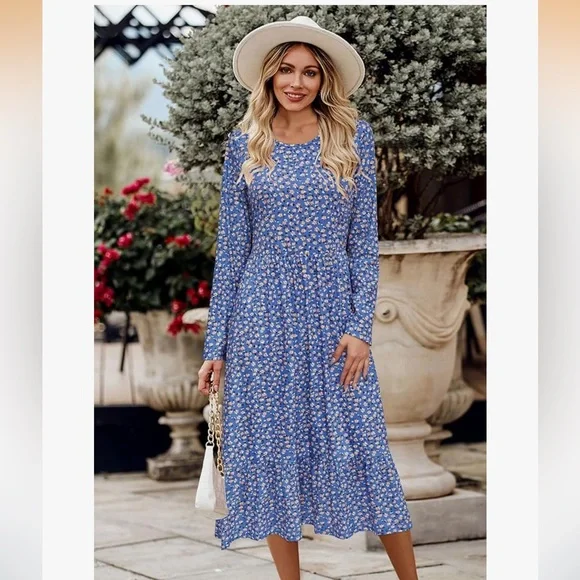 Women's Blue Floral Long Sleeve Dress, Size-Large - Picture 4 of 7